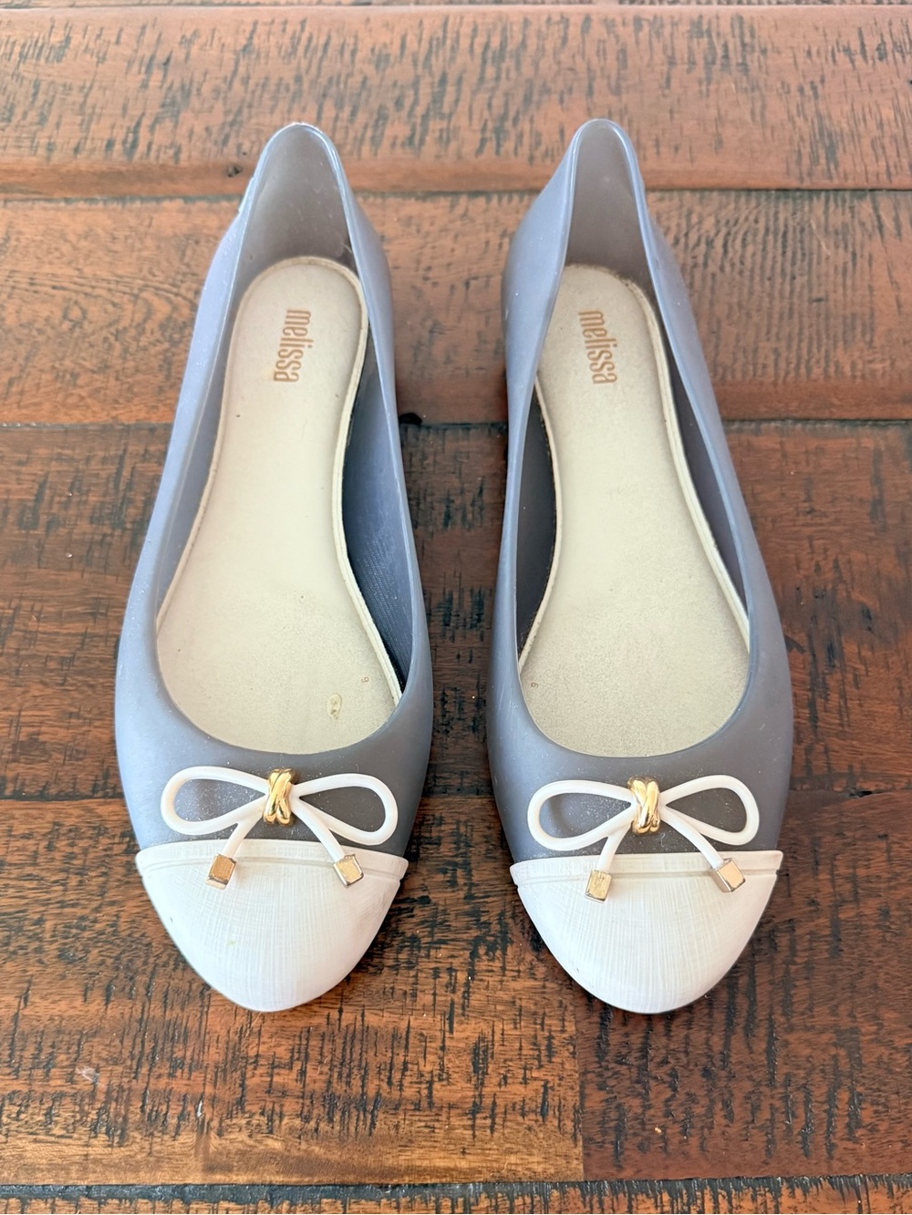 Melissa Two-Tone Blue/Gray and White Bow Rubber-Feel Ballet Flats